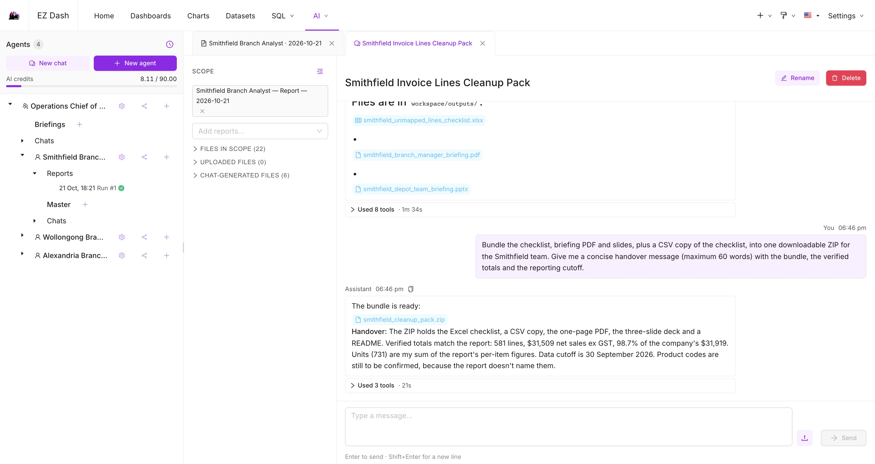 EZDash report chat bundling an Excel checklist, CSV copy, manager PDF briefing and team slides into a downloadable ZIP, with totals verified against the report